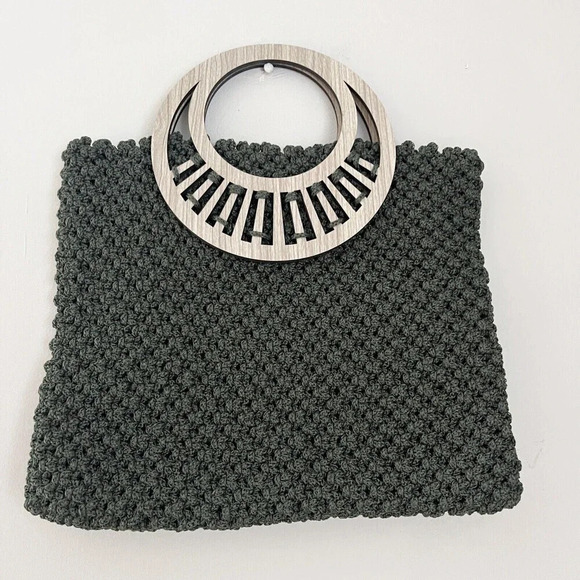 Handmade Women's Green Woven Handbag Boho Wood Top Handles Festival Unique Mediu - Picture 1 of 7